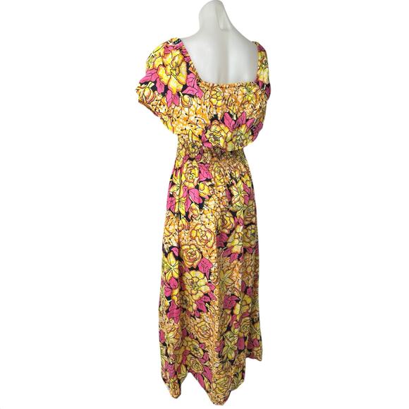 Marine Women's Yellow Pink Floral Tropical Smocked Waist A Line Maxi Dress Sz L - Picture 2 of 4